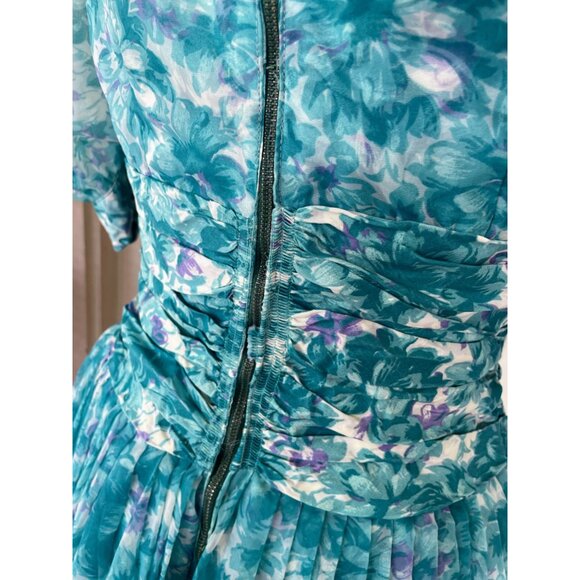 Vintage 1950d Floral  Blue Dress With Puff Sleeves Tulle Puff Skirt Sz Small - Picture 9 of 16